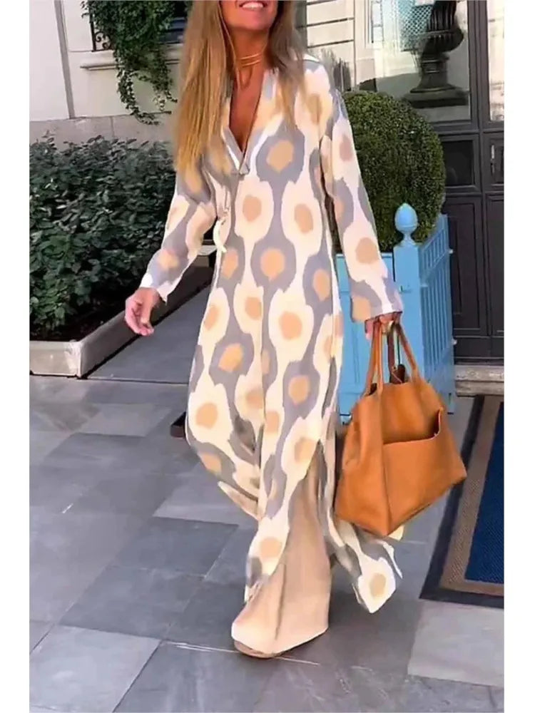 Women Geometric Printing Split Maxi Dress 2024 Autumn Causal V Neck Long Sleeve Dresses Female Holiday Beach Boho Dress Vestidos