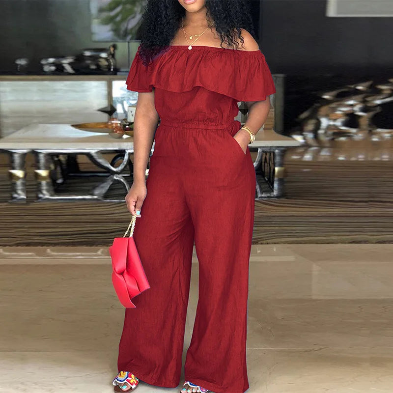 Plus Size Denim Jumpsuit Women New Off Shoulder Ruffles Trousers Casual Straight Leg Wide Leg Pants 2024 Summer Elegant Clothing