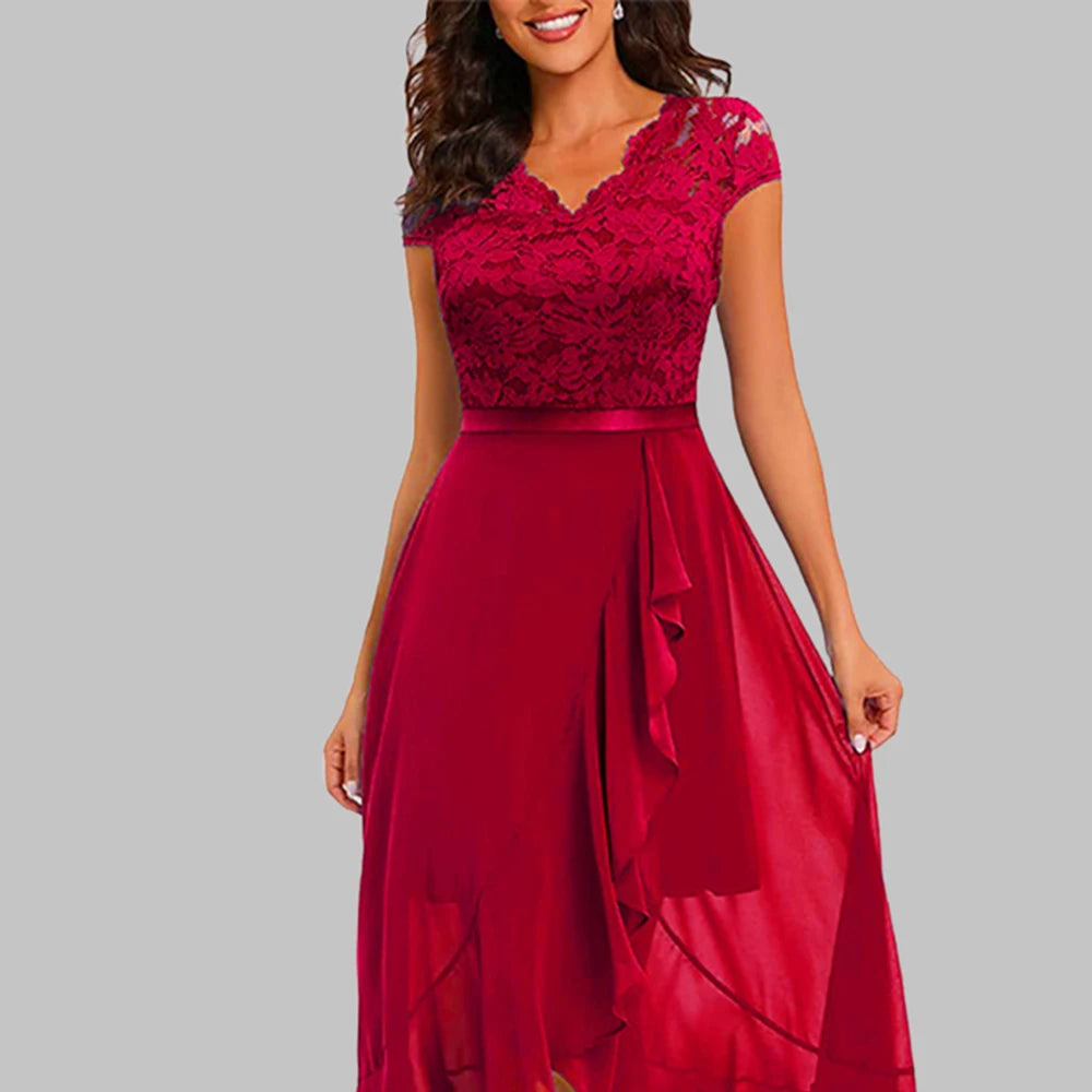 Sexy Women Asymmetrical Solid Lace V Neck Midi Dress Ladies Mesh Party Gown Club Evening