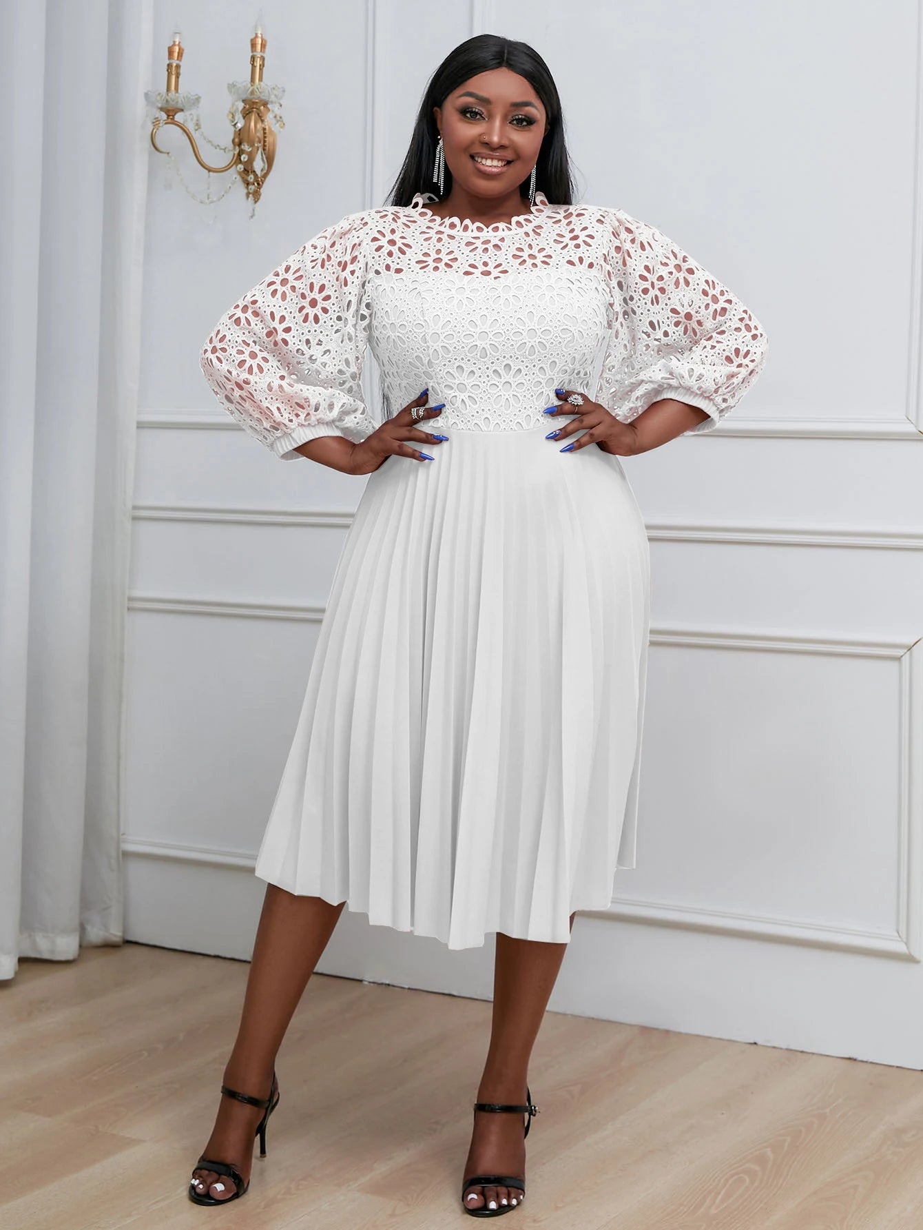 Chic snowsui Pleated Dress Hollow Out Lace Midi Dresses Puff Sleeve Spring Summer Plus Size Elegant Fashion Party Birthday Gowns