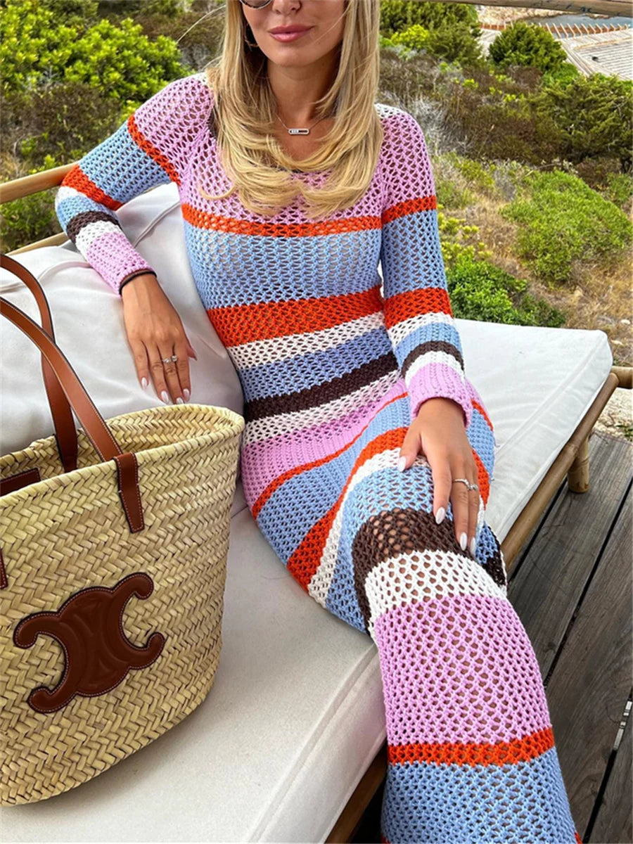wsevypo Hollow Out Knit Crochet Beach Long Dress Casual Holiday Party Wear Striped Long Sleeve Round Neck Wrap Dress Women