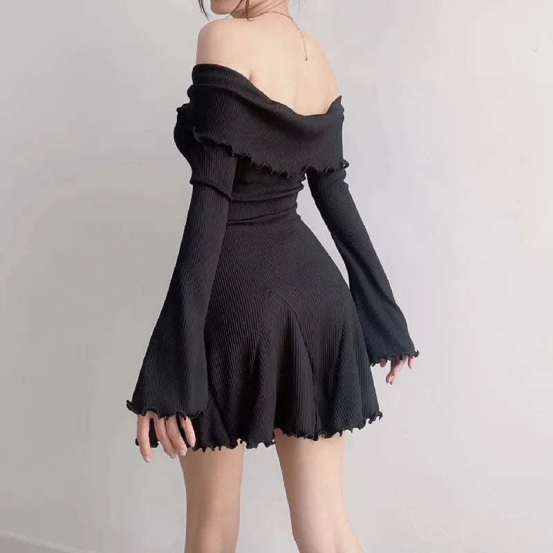 Autumn Black A-LINE Dress Women Streetwear Sexy Strapless Off Shoulder Long Sleeves Knitting Mini Dresses Club Elegant Partywear