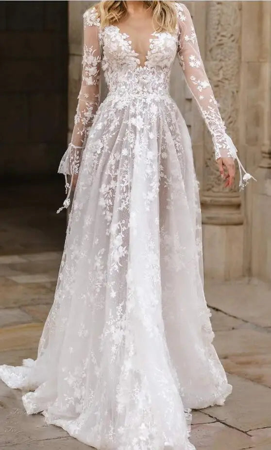 New Sexy Lace Long Sleeved V-neck White Dress For Women