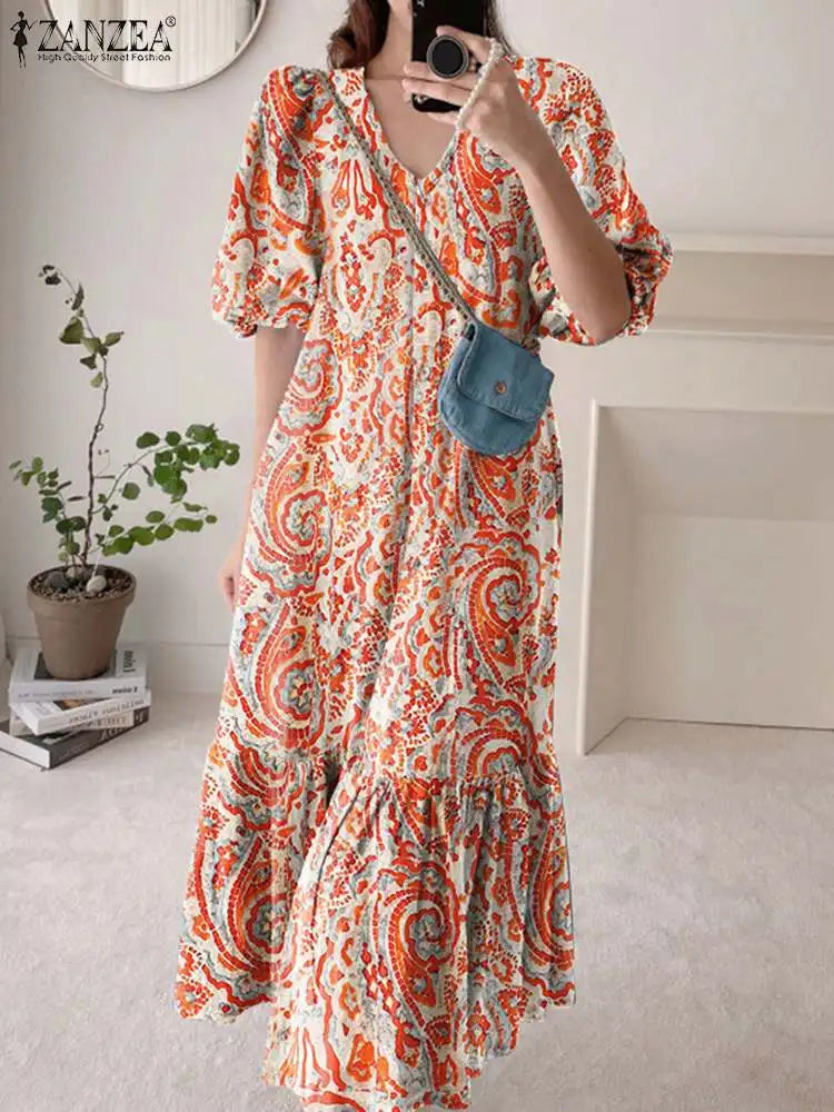 ZANZEA Women Print Robes Longue Oversized Fashion 2024 Summer Puff Sleeve Maxi Vestidos Retro Dress Casual Solid Baggy Sundress
