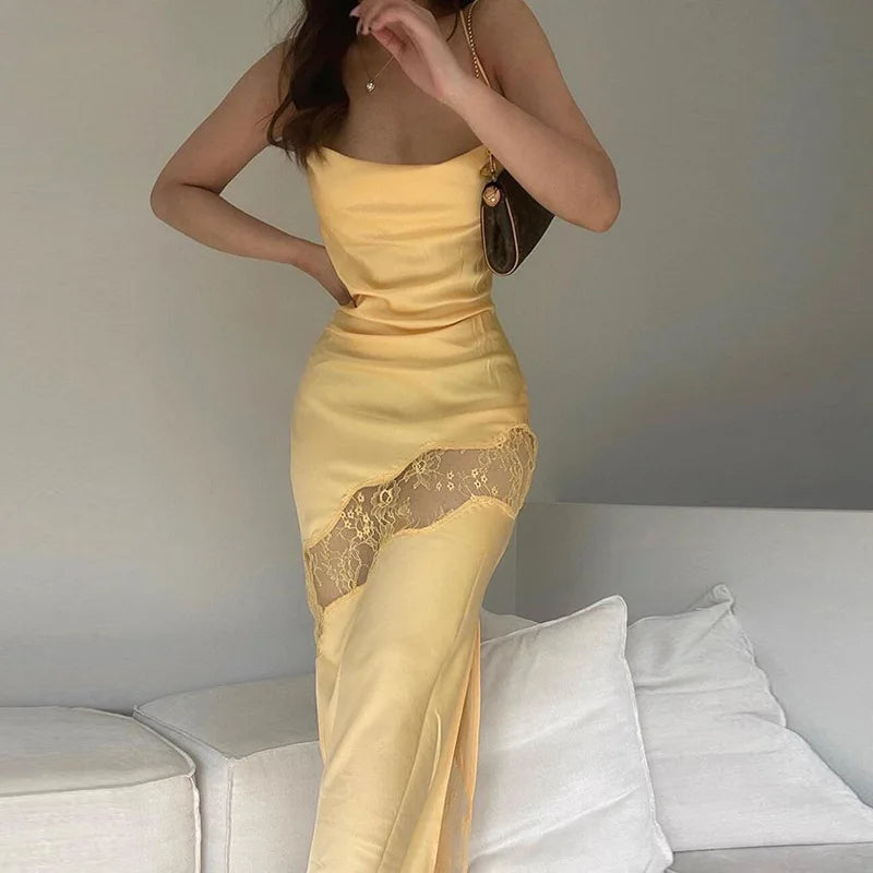 Women Spaghetti Strap Satin Party Dress Sexy Low Cut Bodycon Long Dress Solid Sleeveless Split Dress