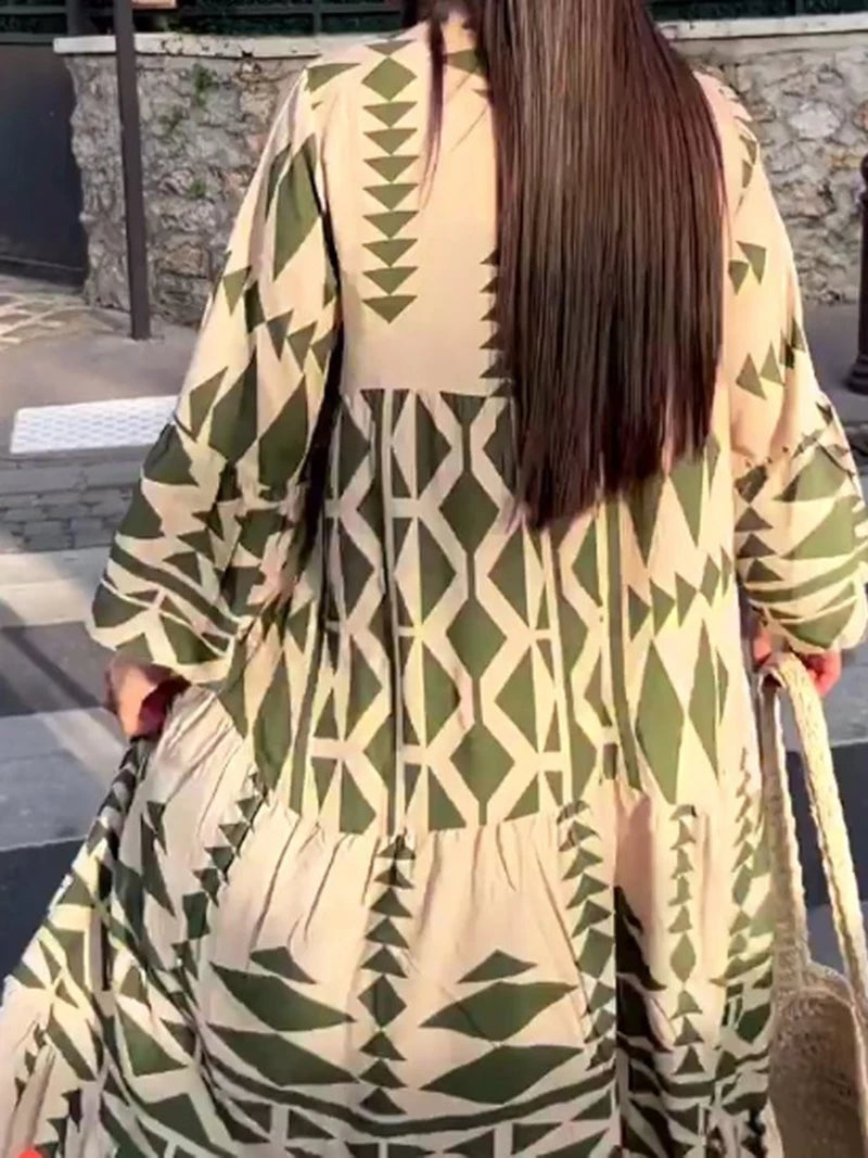 Elegant Summer Maxi Dress Women Casual Streetwear Vintage Geometric V Neck Boho Beach Long Loose Dresses Female Vestidos