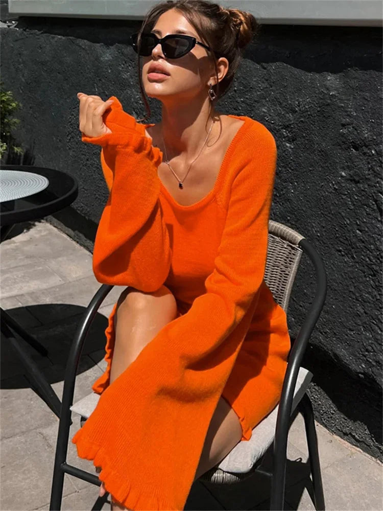 Tossy Ruffled Hot Backless Knit Mini Dress Women Lace-Up Long Sleeve Sexy High Waist Sweater Dress Loose Knitwear Autumn Dress