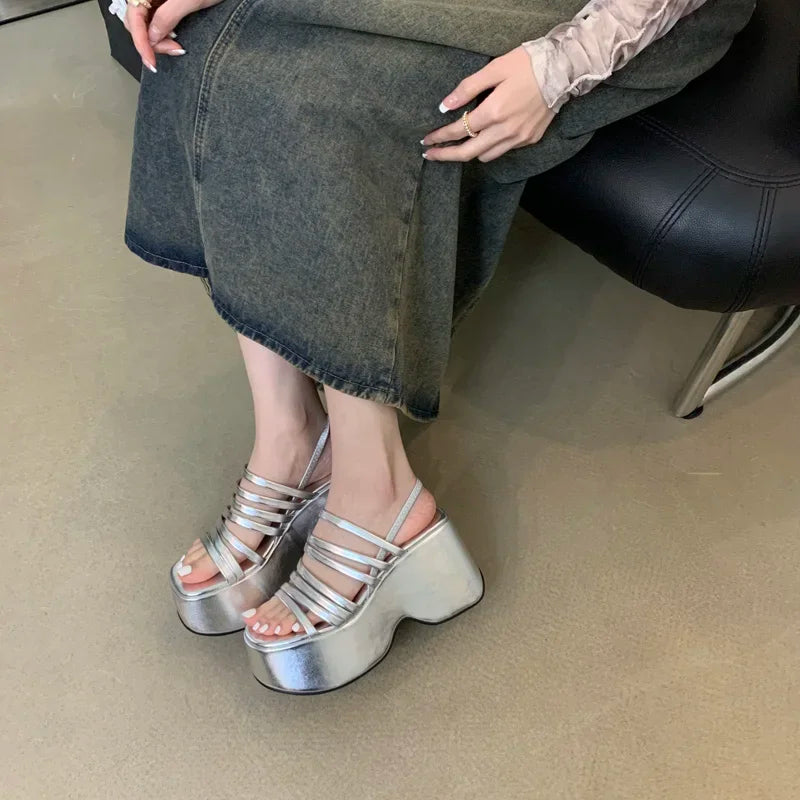 Silver Wedge Sandals Women Platform Shoes Black Belt High Heels Gladiator Chunky Heeled Summer Wedges Zapatos De Mujer