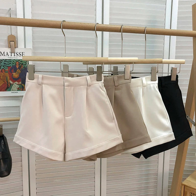 Elegant Suit Shorts Women Solid High Waist Wide Leg Shorts Office Lady Korean Fashion Black White Simple All Match Short Pants