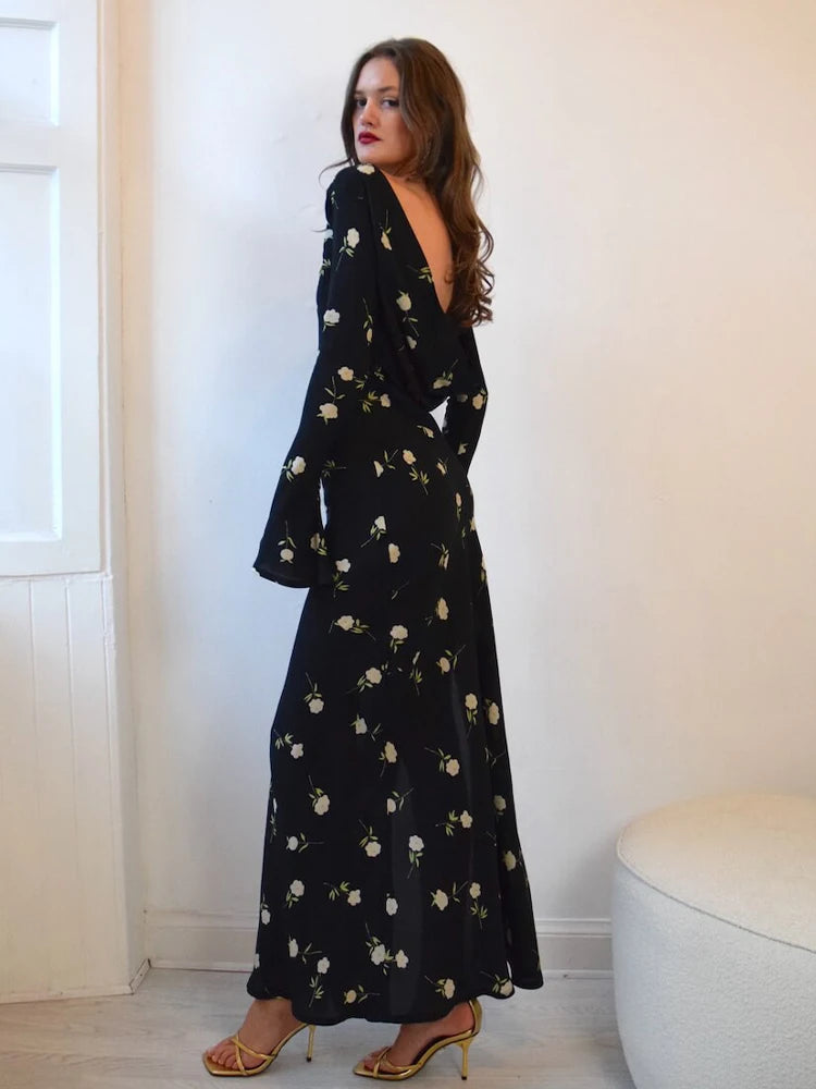 JULISSA MO Ladies Chiffon Floral Print Long Sleeve Backless Maxi Dress High Split Elegant Slim Evening Dress Autumn Outfits