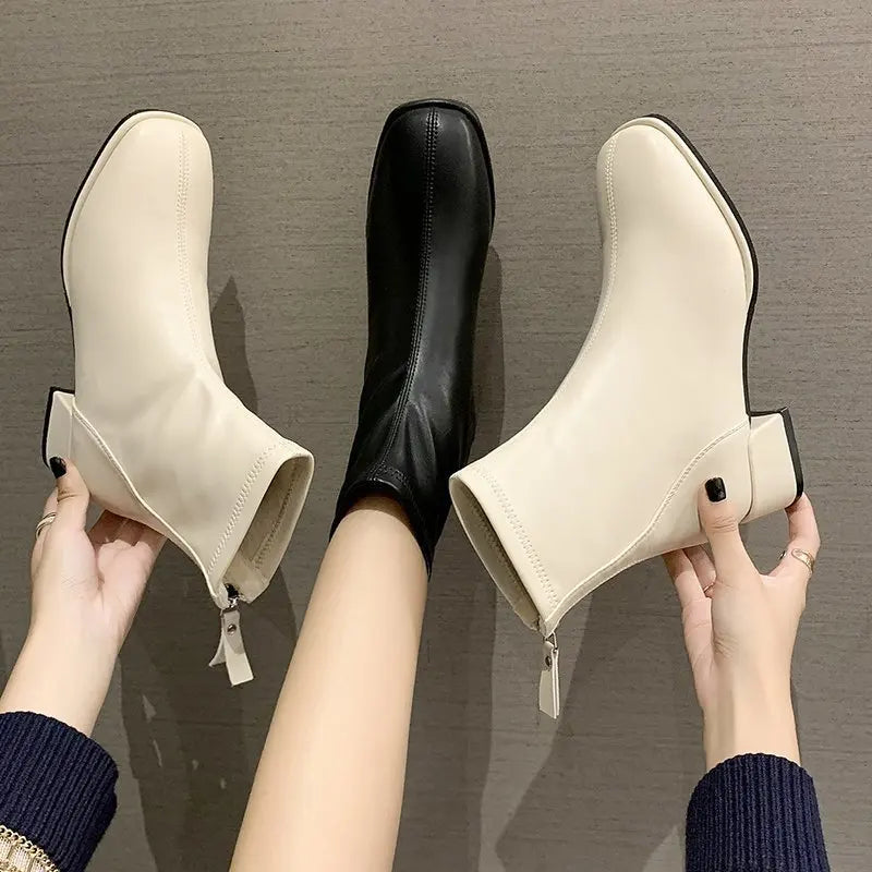 Elastic Socks Boots Fashion Ankle Boots Women High Heel Thicks Heel Square Toe Short Boots Women Retro New Ladies Shoes