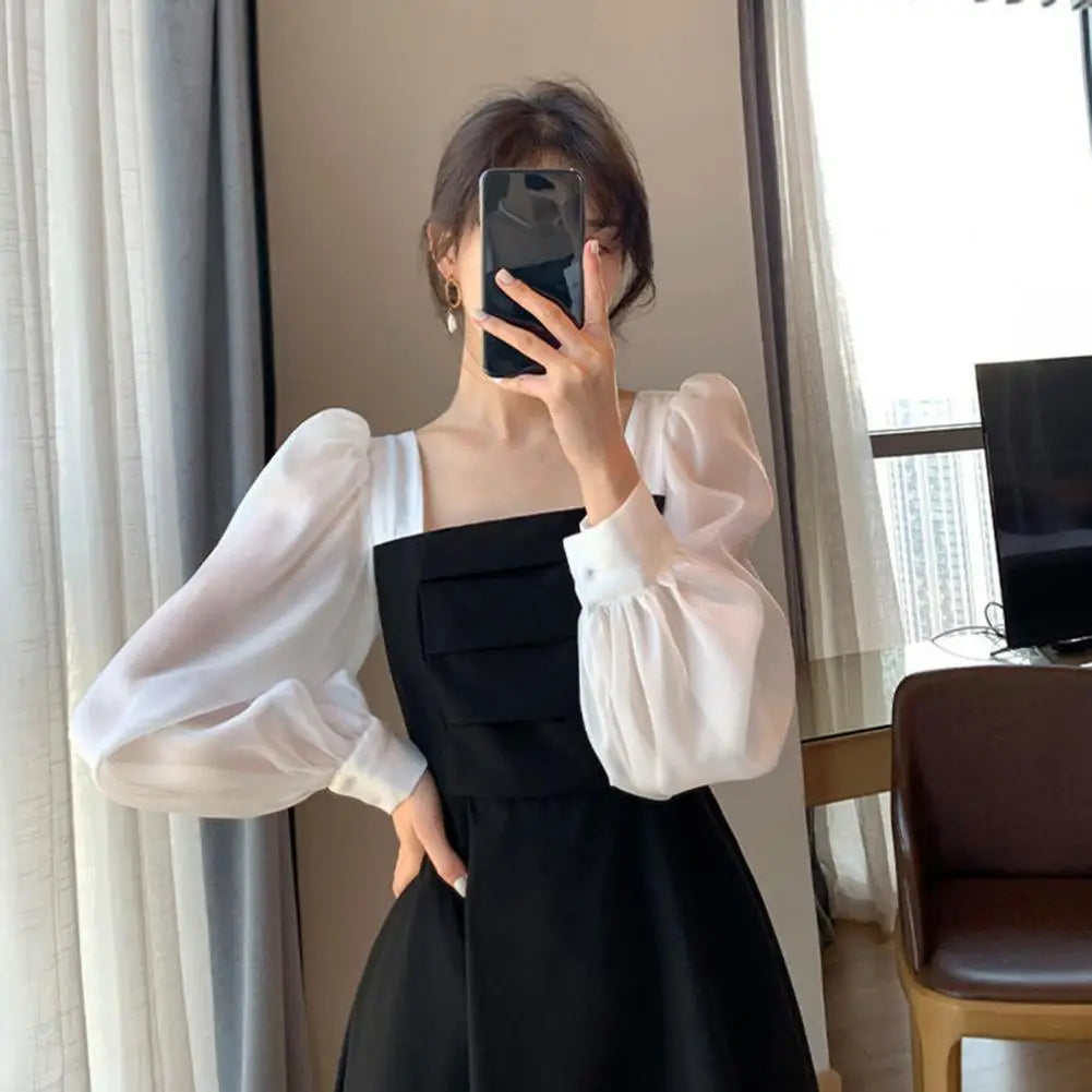 Women Dress Patchwork Long Sleeves Autumn Dress Solid Color Mid-calf Length Square Neck Dress Vintage Dress-up Spring Dress
