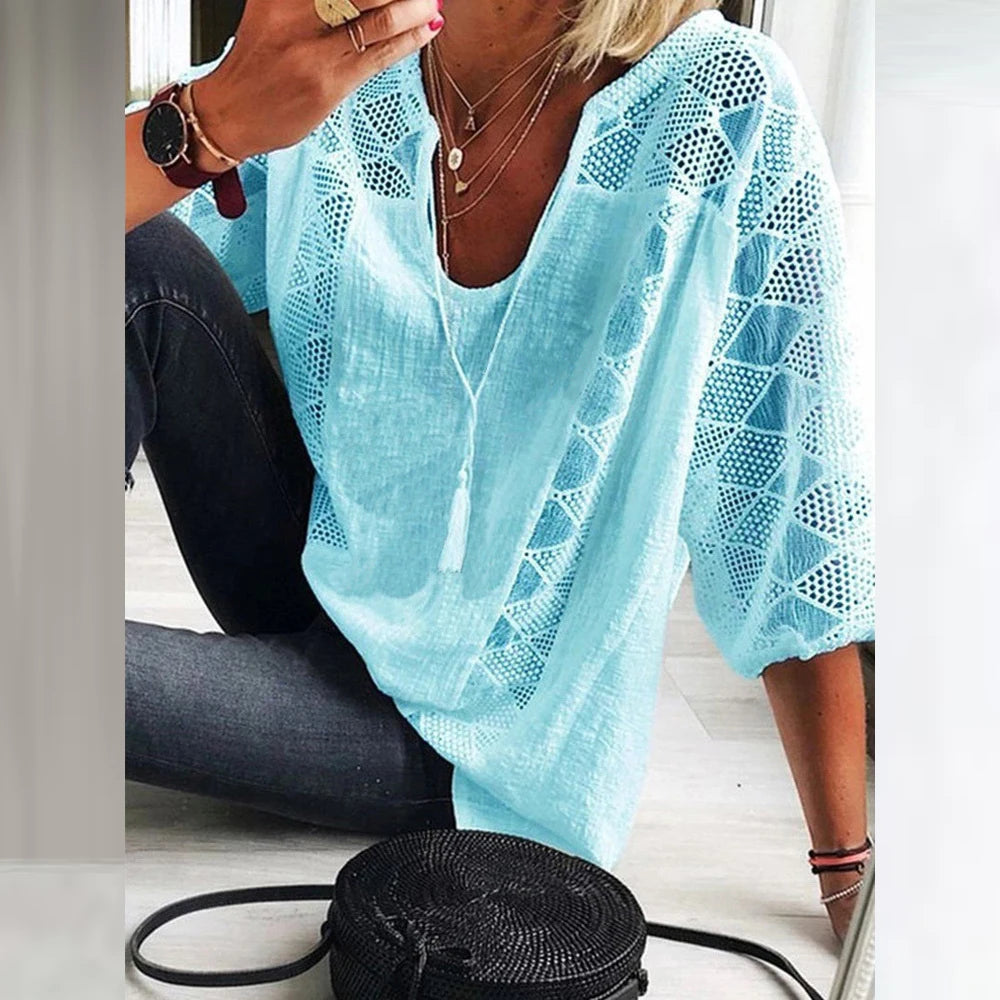 Plus Size Womens 3/4 Sleeve Solid Cotton Lined Tops Ladies Casual Loose Autumn Tunic T Shirt High Quality Clothing L-5XL 2023