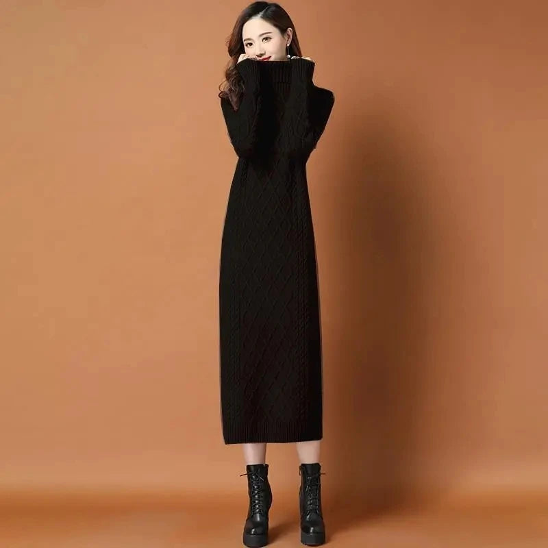 Turtleneck Thicken Warm Knitted Dress Loose Long Straight Dresses Bottoming Sweater Robe Fall Winter Knitwear Vestidos Mujer