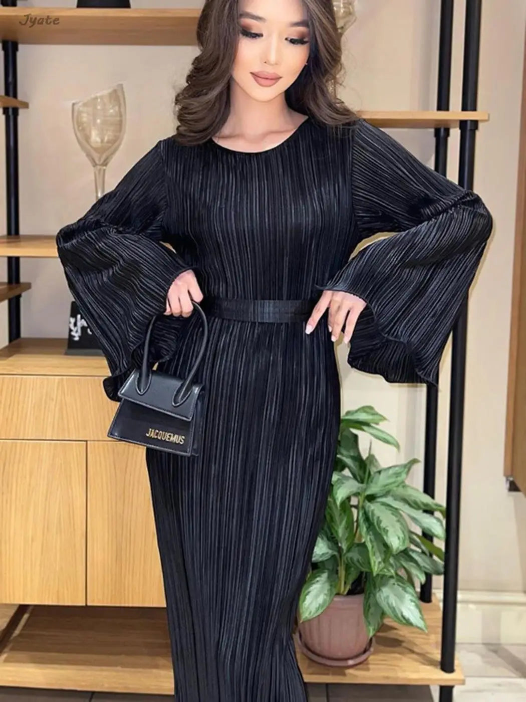Women's Autumn New Fashion Pleat Belted Vestidos Elegant Flare Long Sleeve Long Fold Long Dress Party Prom Slim Robe
