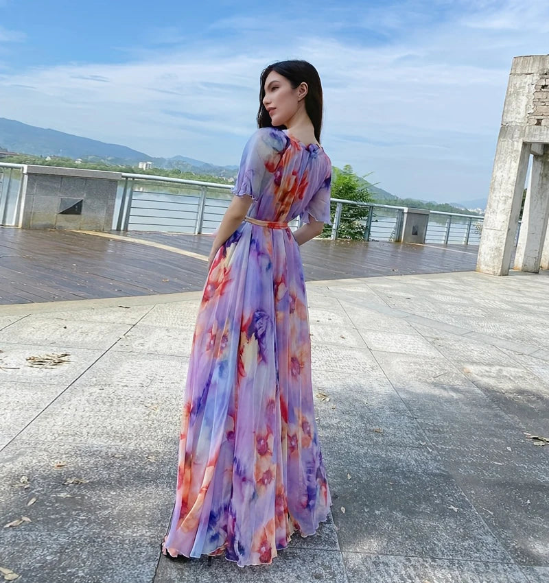 Plus Size Bohemian Beach Sundress Flying Clothing Chiffon Loose Elegant Vestido Robes Lady Holidays Prom Long Dress Belt Which