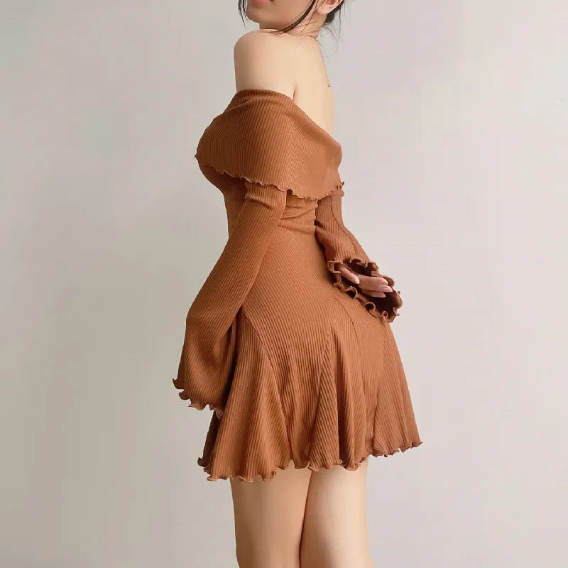 Autumn Black A-LINE Dress Women Streetwear Sexy Strapless Off Shoulder Long Sleeves Knitting Mini Dresses Club Elegant Partywear