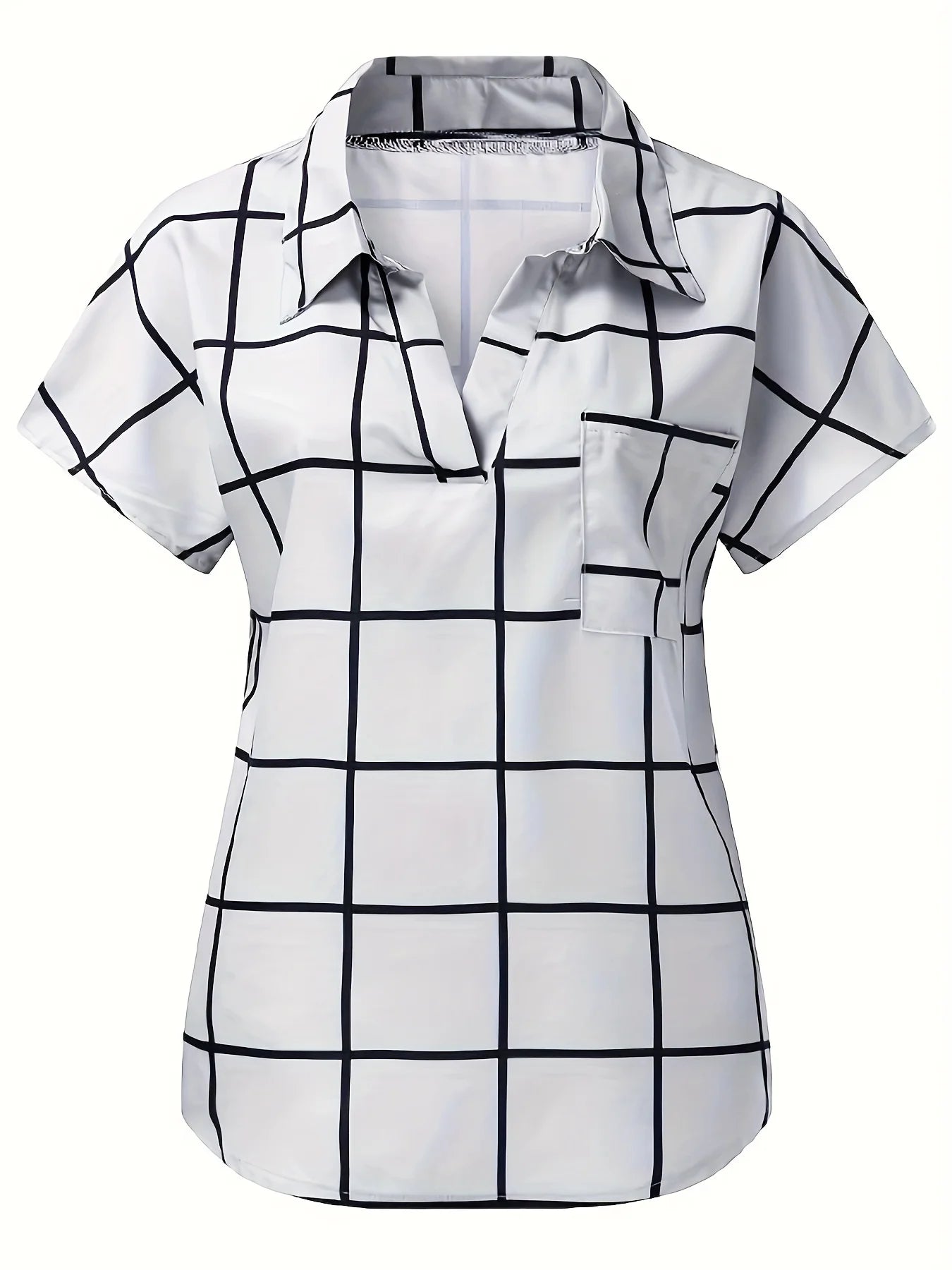 Fashion Plus Size Women's Summer Checkered Printed Pocket Shirt V-Neck Short Sleeve Top