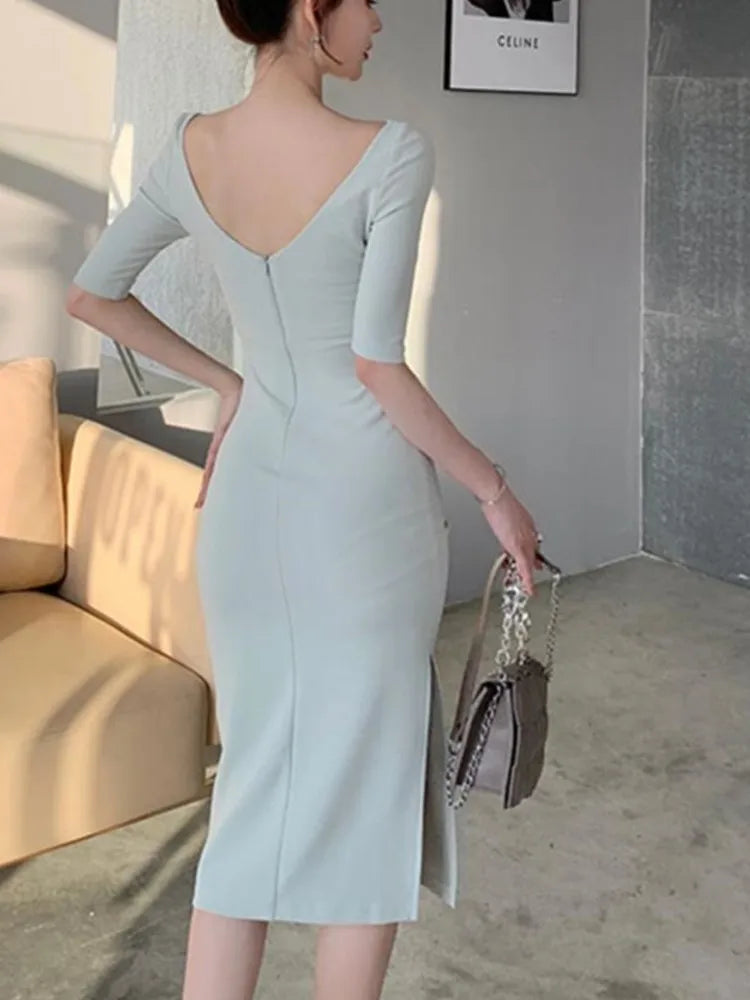 Summer New Elegant Midi Party Dress For Women Office Lady Solid One Piece Slim Bodycon Clothing Femme Fashion Vestidos