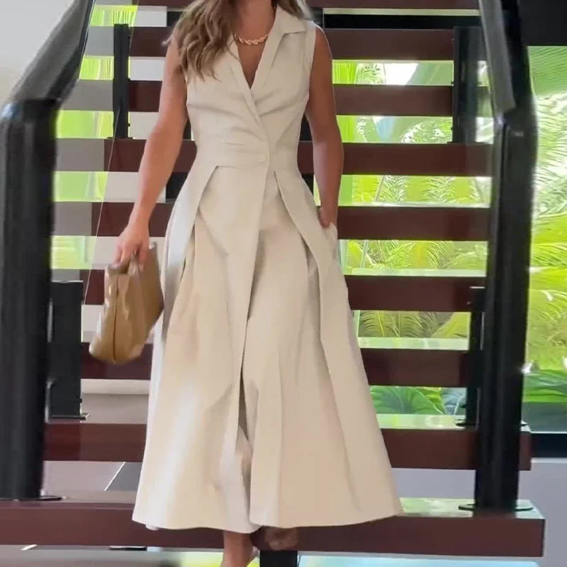 Commuter Lady Solid Button Blazer Dress Spring Turn-down Collar Tunic Long Party Dress Women Summer Sleeveless A-Line Suit Dress