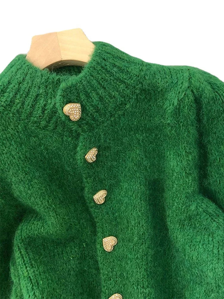 Green Knitted Cardigan Sweaters Autumn Half High Collar Sweet Casual Korean Fashion Winter New Casual Jacket