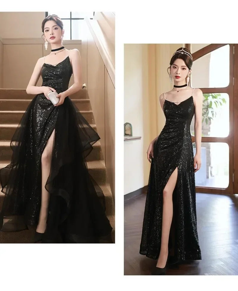Women's Prom Dresses Slim Off The Shoulder Sleeveless Black Sequin Banquet Long Skirt Evening Party Dress for Women Vestidos