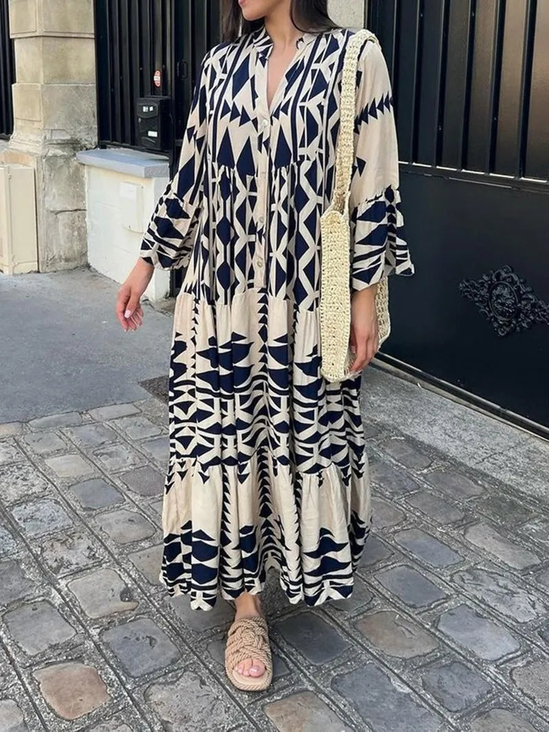Elegant Summer Maxi Dress Women Casual Streetwear Vintage Geometric V Neck Boho Beach Long Loose Dresses Female Vestidos