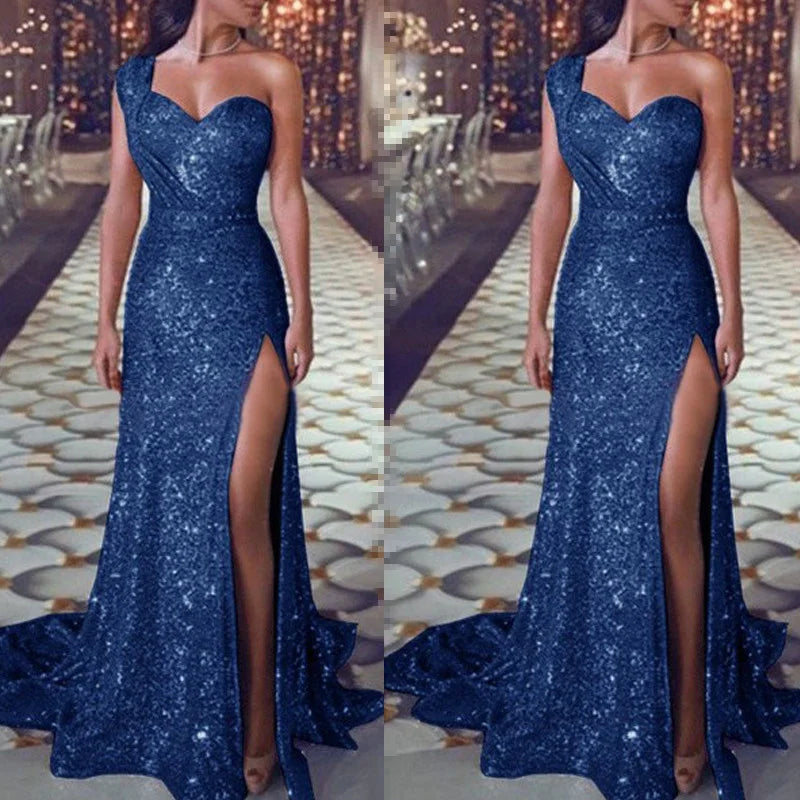 2022 Models Dresses Women Elegant And Sexy One-shoulder Sleeveless Bronzing Dress Split Wo