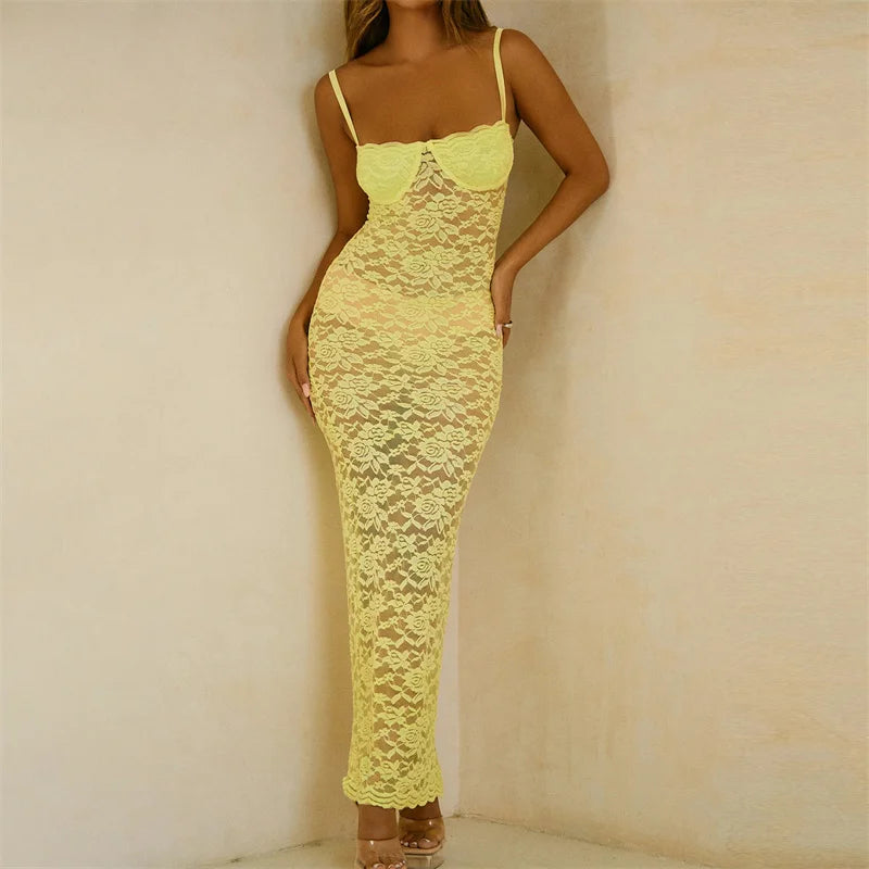 Sexy Clubwear Women Lace Long Dress See Through Adjustable Spaghetti Strap Sleeveless Bodycon Dresses Party Dresses