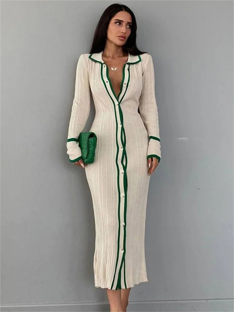 Patchwork Slim V-Neck Dress Cardigan For Women Contrast Long Sleeve High Street Maxi Dress Female Elegant Party Dress