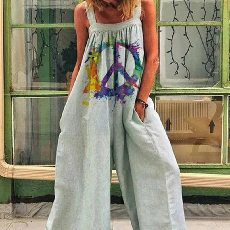 Plus Size Summer New Trendy And Fashionable Printed Commuting Temperament Loose Backstraps Wide Leg Jumpsuit Women'S Pants