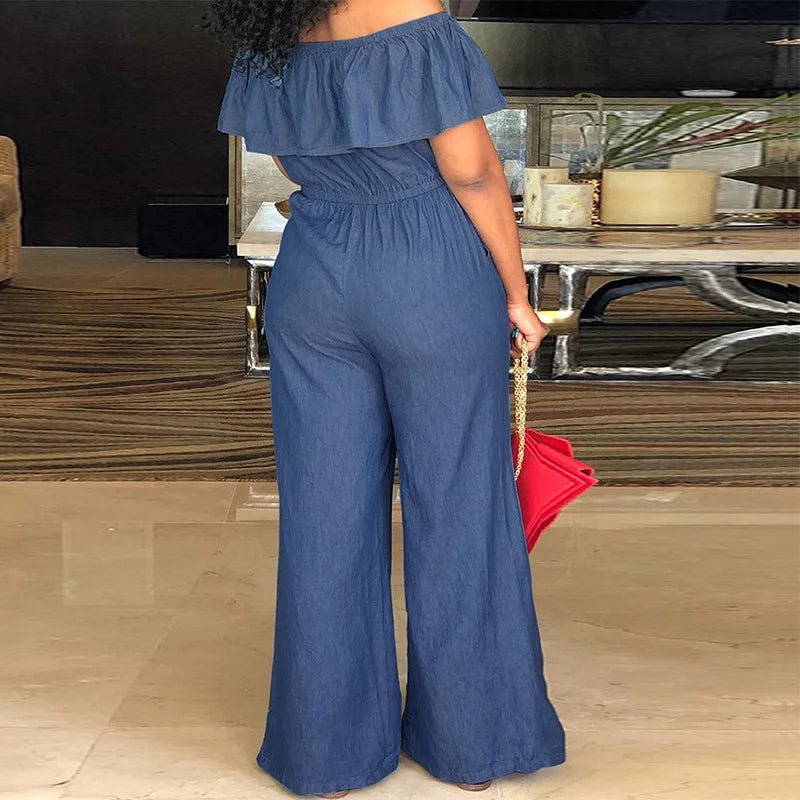 Plus Size Denim Jumpsuit Women New Off Shoulder Ruffles Trousers Casual Straight Leg Wide Leg Pants 2024 Summer Elegant Clothing