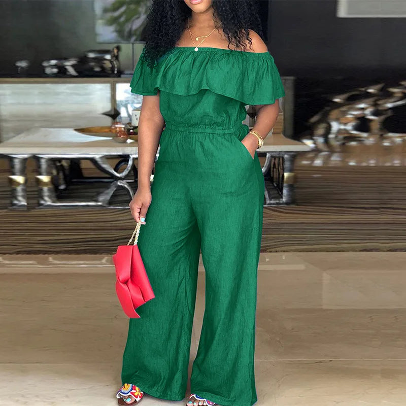 Plus Size Denim Jumpsuit Women New Off Shoulder Ruffles Trousers Casual Straight Leg Wide Leg Pants 2024 Summer Elegant Clothing