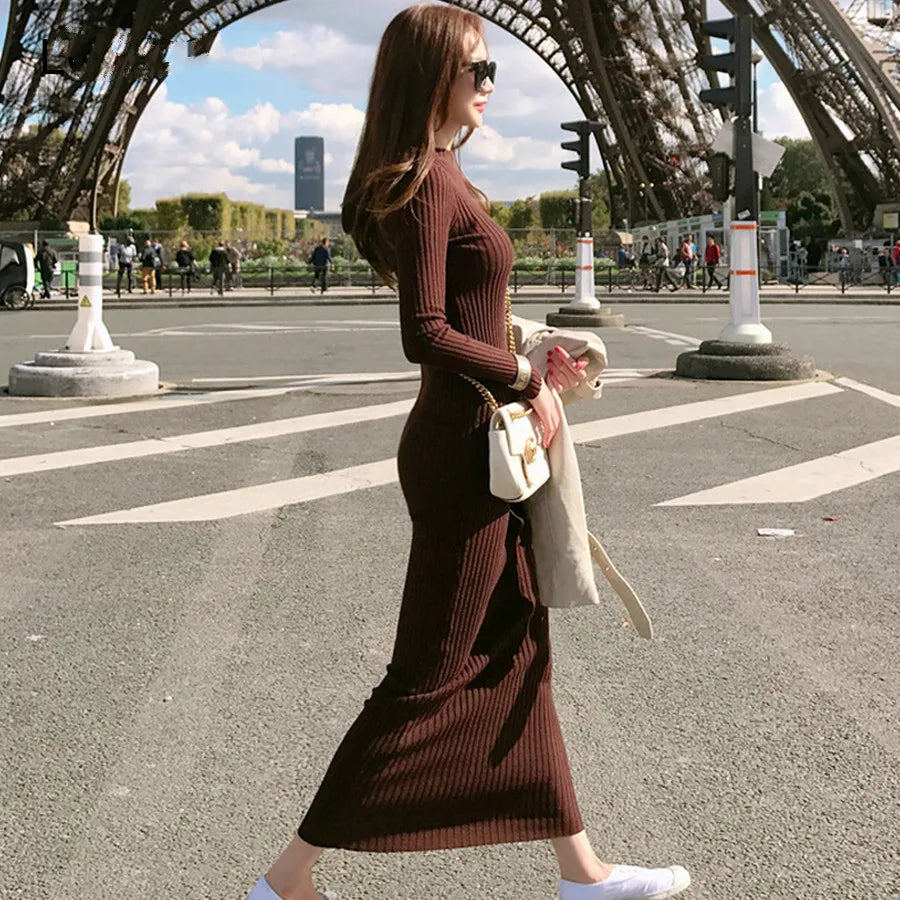 Winter Warm Slim Pullovers Sweater Dress Fashion Knitting Cotton Dress Women Long Sleeve O-neck Sheath Ankle-Length Dress
