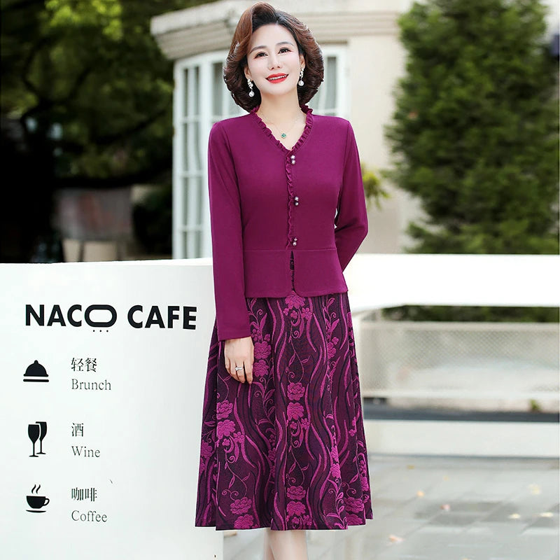 Women's Dress Plus Size Autumn Middle-Aged Mother Long sleeve V-neck selvedge Pleated Elegant office Ladies Vestido