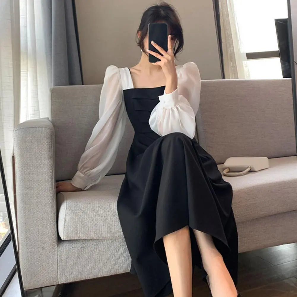 Women Dress Patchwork Long Sleeves Autumn Dress Solid Color Mid-calf Length Square Neck Dress Vintage Dress-up Spring Dress