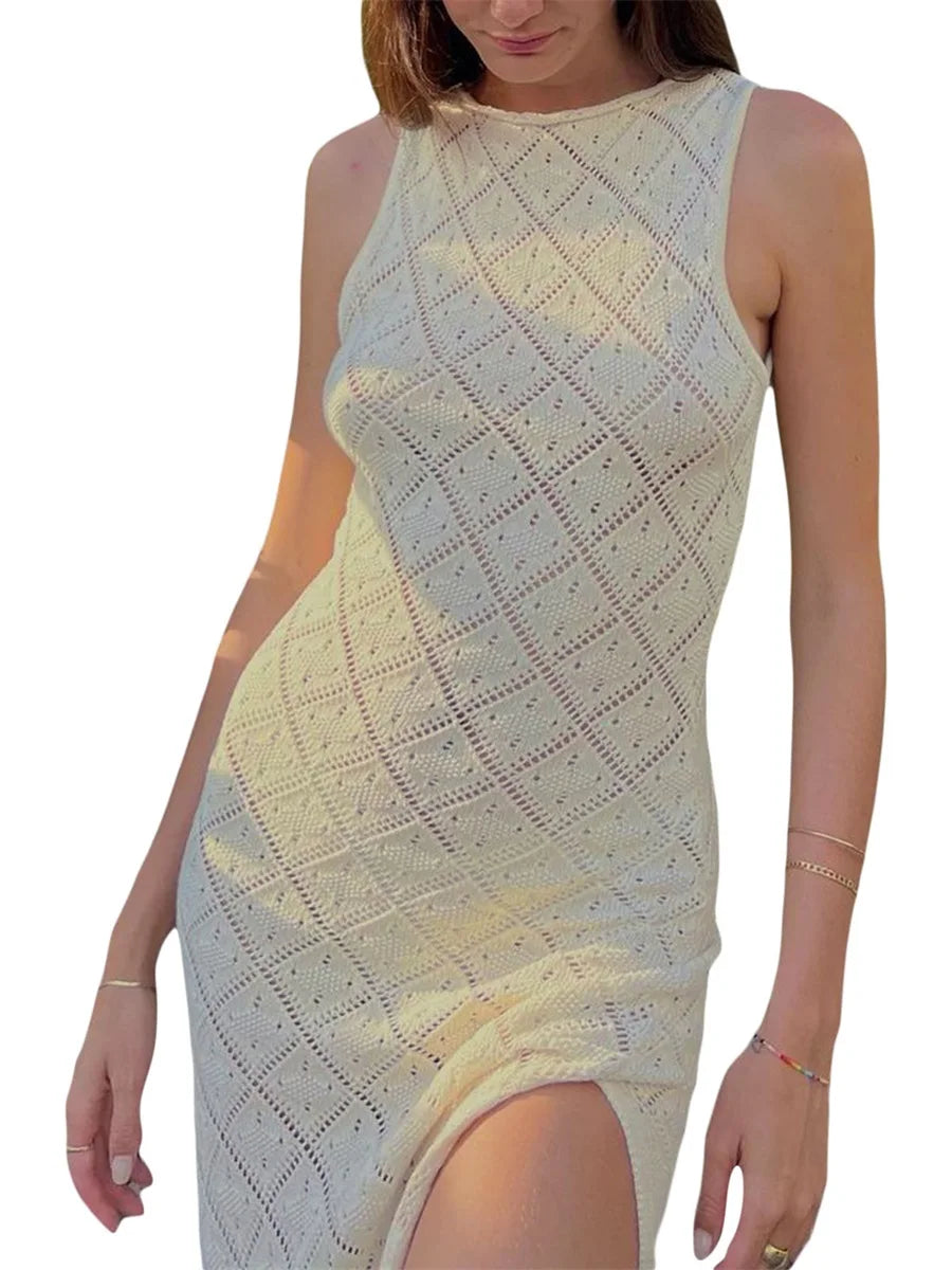 Crochet Cover Ups for Women Sexy Knitted See Through Bodycon Maxi Dress Beach Swimwear