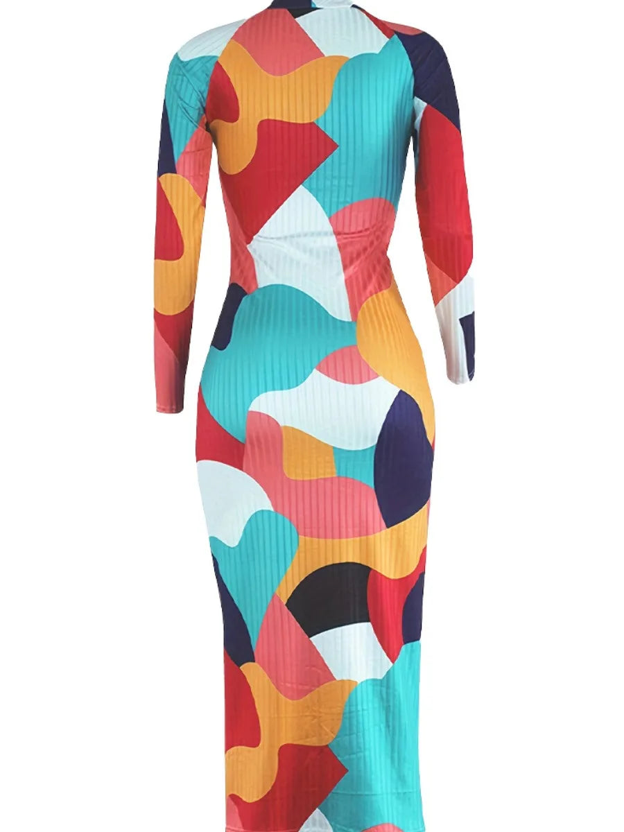 LW Plus Size Elegant Color Lump Patchwork Bodycon Dress Women Cold Shoulder V Neck Long Sleeve Autumn Winter Mid Calf Dresses