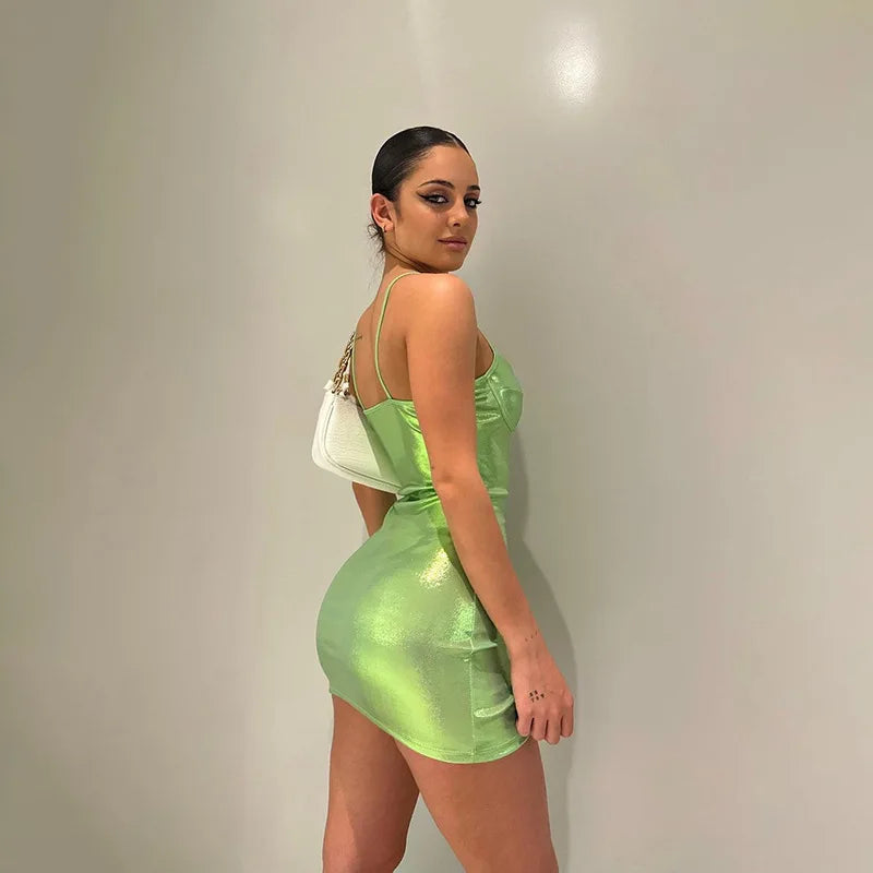 2024 Bling Glitter Backless Mini Dress For Women PU Metallic Sexy Club Bodycon Strap Bright Color Spaghetti Y2K Clothes