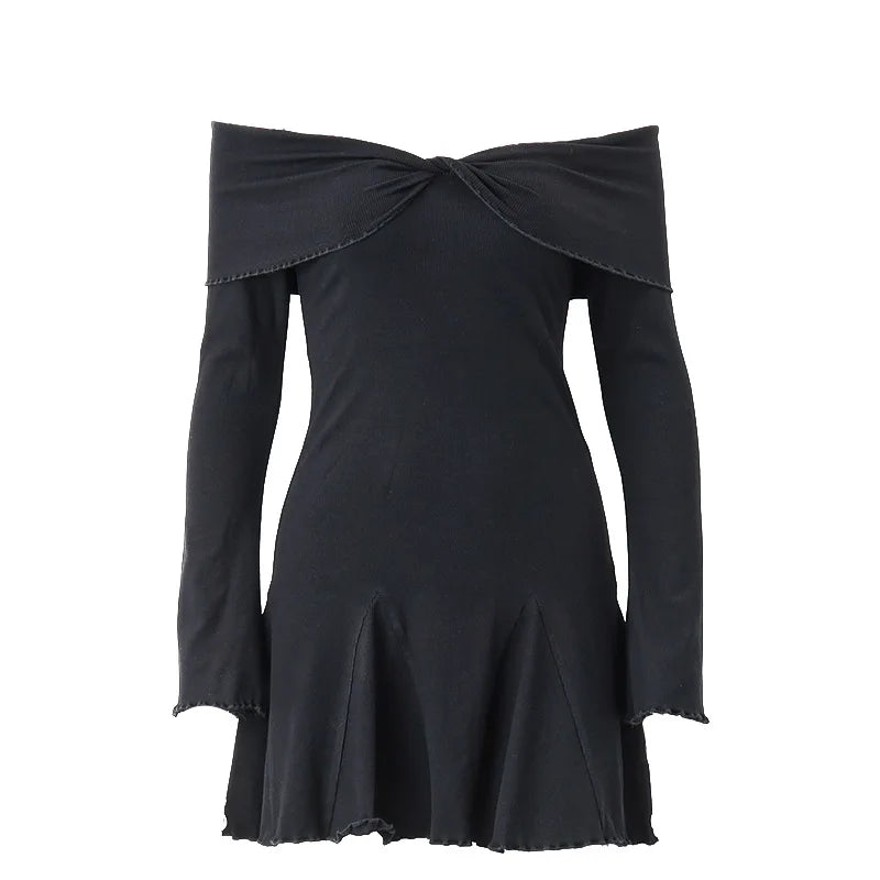 Autumn Black A-LINE Dress Women Streetwear Sexy Strapless Off Shoulder Long Sleeves Knitting Mini Dresses Club Elegant Partywear