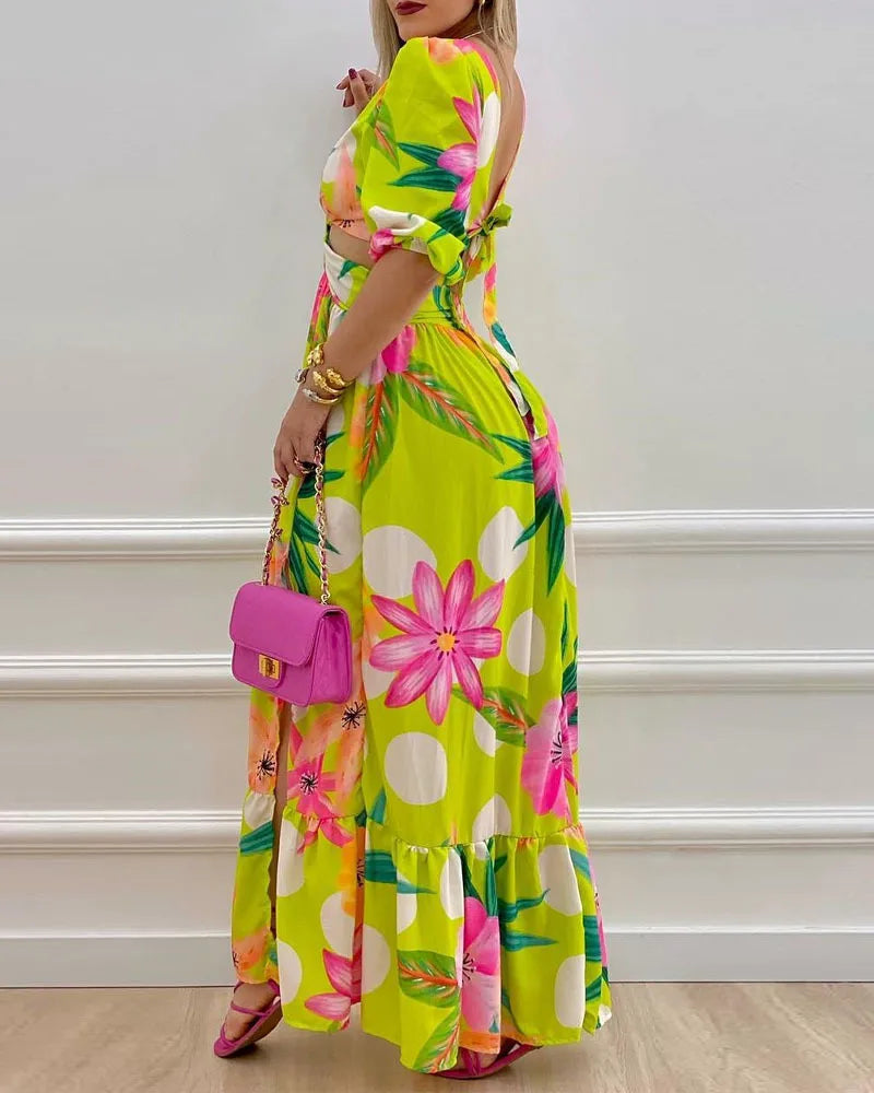 Spring Women Long Sleeved Cutout V-Neck Twist Summer Elegant Tie Dyed Floral Printed Lantern Sleeve Split Thigh Maxi Dress