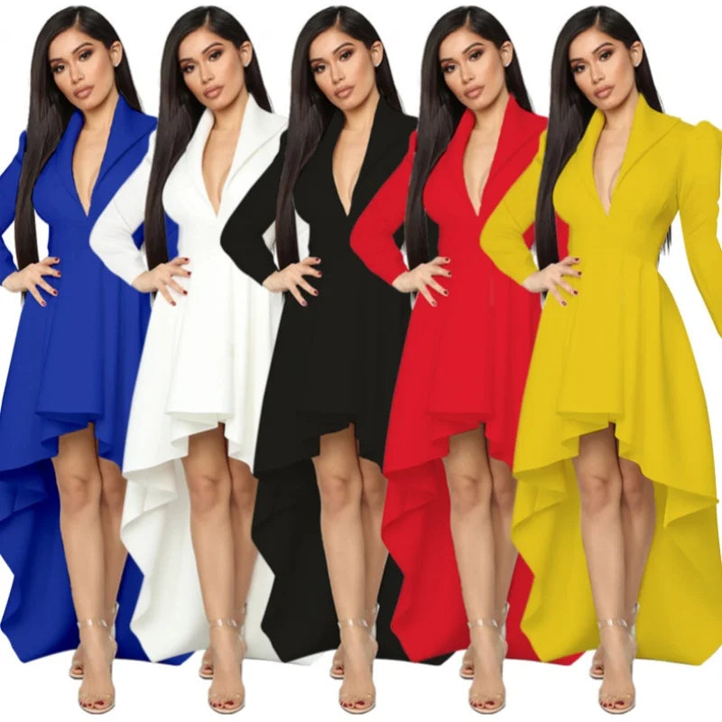 Large Size Women's Dress Solid Long Sleeved Autumn Winter New Women Plus Size Dress V-neck Irregular Hem Long Skirt