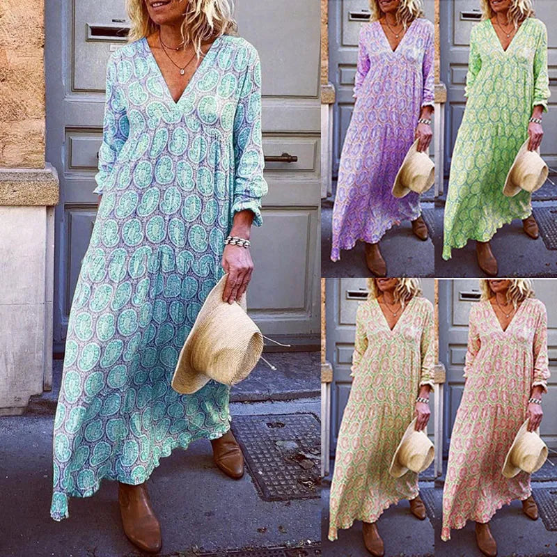 Casual Bohemian Style Beach Dresses For Women Fashion Printed Sexy V-neck Long Sleeve Loose Maxi Dress Vestidos Streetwear