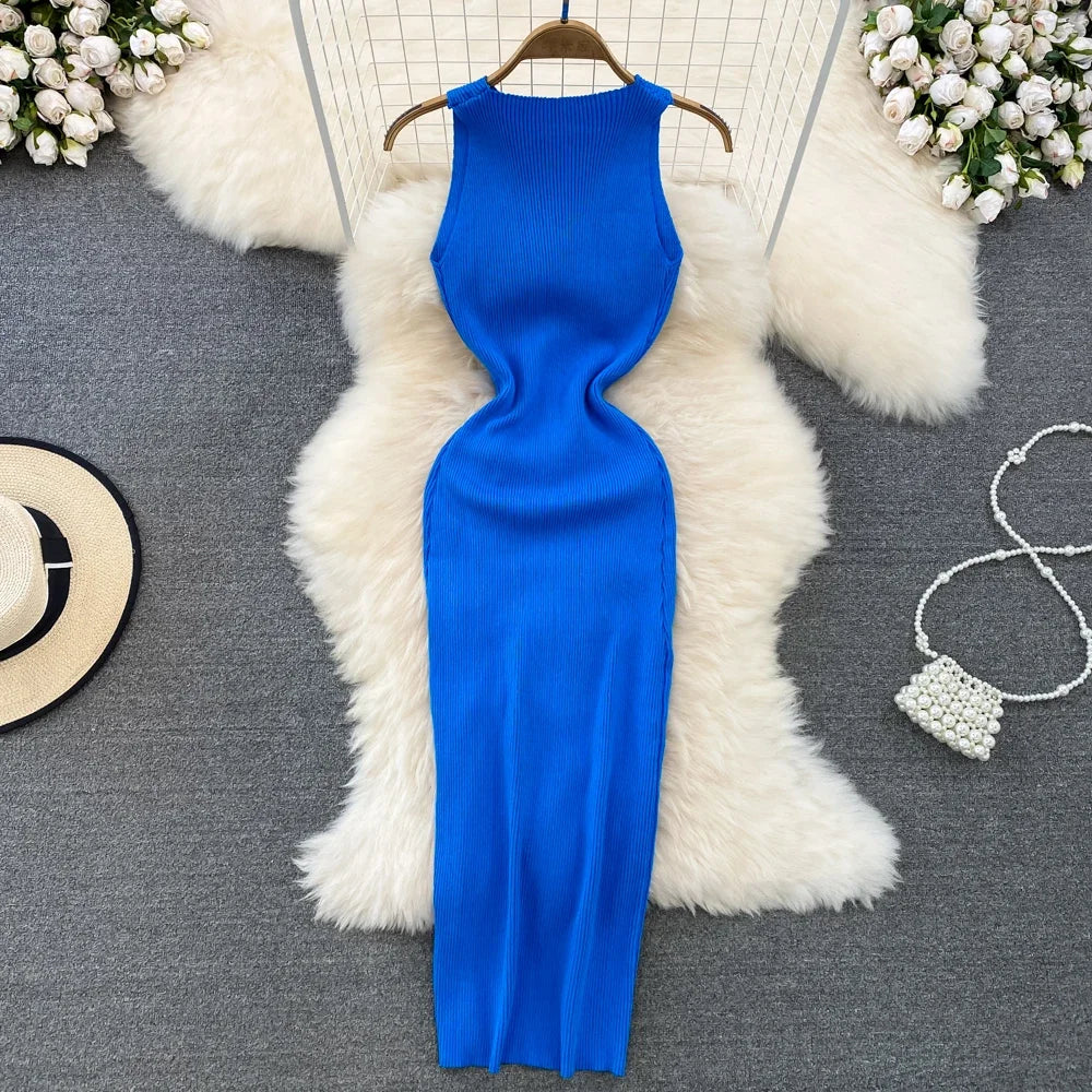 Summer Green Black Knitted Robe Femme Summer O Neck Sleeveless Kink Hollow Out Sexy Slim Bodycon Dress Split Fork Long Vestidos