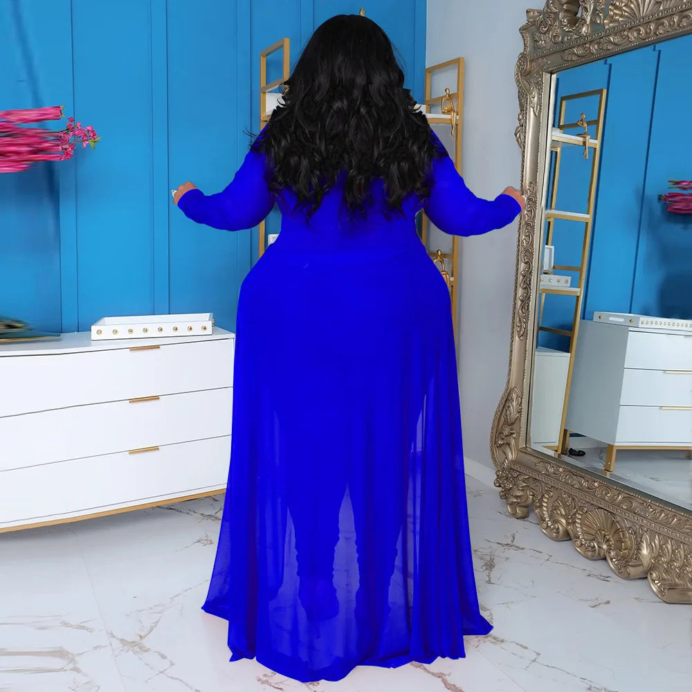 Plus Size 5XL Jumpsuit for Women Elegant O Neck Long Sleeve Stretch Pockets Patchwork Dresses Romper One-piece Overalls 2023