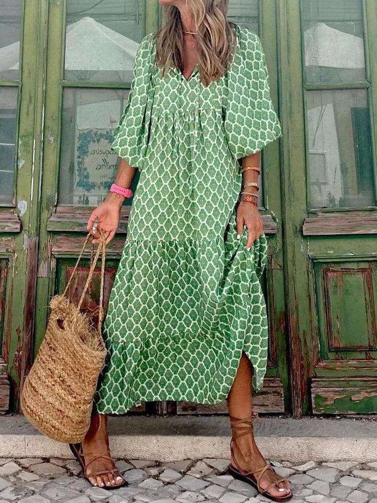 Fashion Women Print Dress Summer Loose Boho Dress Casual Elegant Short Sleeve Beach Party Dresses For Woman Robe Femme New
