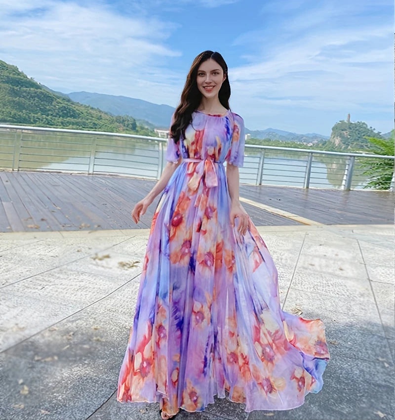 Plus Size Bohemian Beach Sundress Flying Clothing Chiffon Loose Elegant Vestido Robes Lady Holidays Prom Long Dress Belt Which