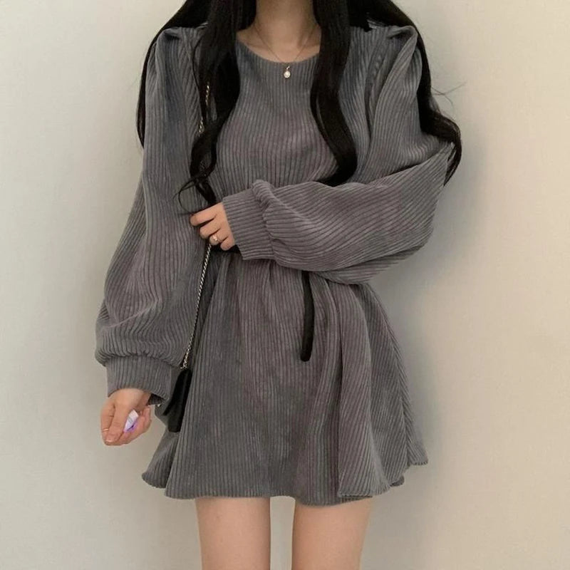 GIDYQ Corduroy Dress Women Vintage Belt Slim Long Sleeve Mini Dresses Fashion Elegant Solid O Neck Chic Streetwear Fall Winter
