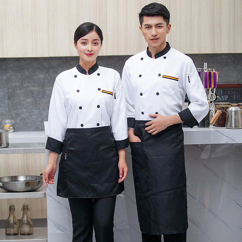 Chef Jacket Men Long Sleeve Shirt Apron Hat Bakery Cook Coat Unisex Kitchen Pastry Clothes Restaurant Waiter Uniform Women Logo