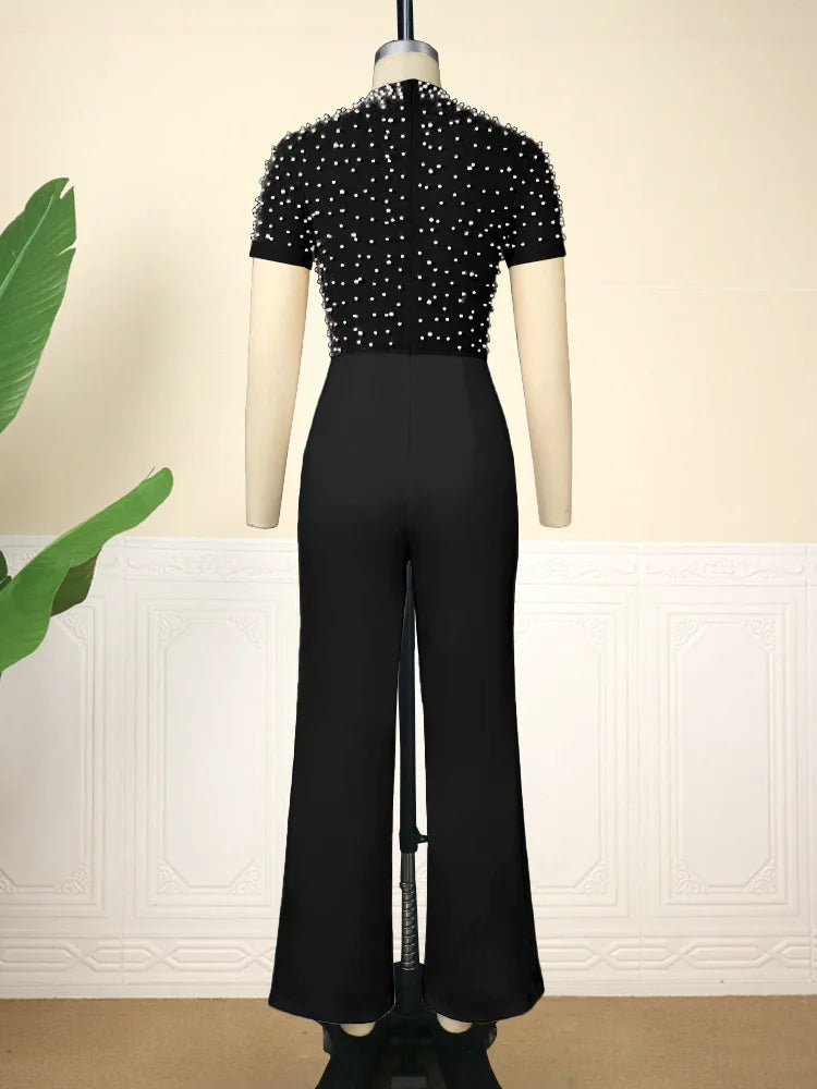 Plus Size Beading Jumpsuit Female Sheer Patchwork Cloth Women One Piece Outfit Wide Leg Pant 2023 Summer Autumn Elegant Jumpsuit